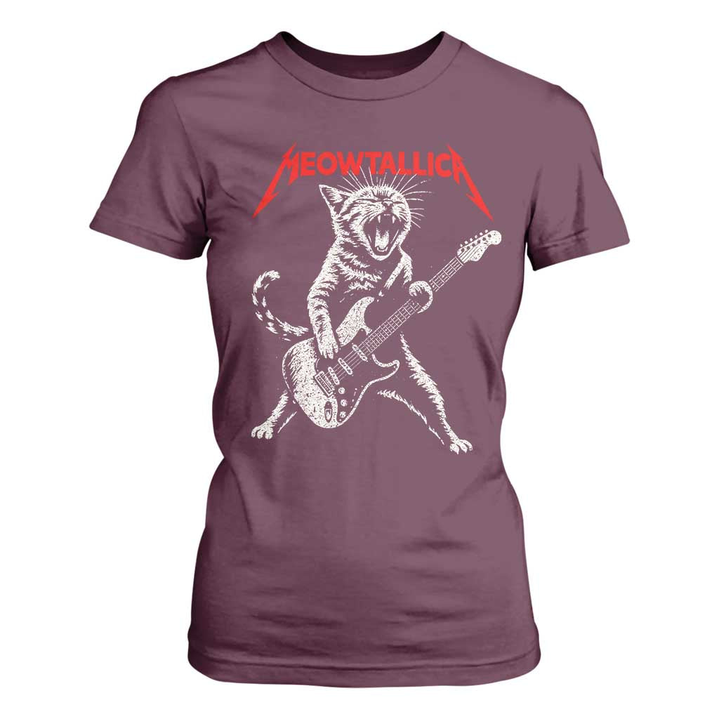 Funny Cat Playing Guitar T Shirt For Women Vintage 90s Classic Rock Star Cat Graphic Rock and Roll TS10 Maroon Print Your Wear