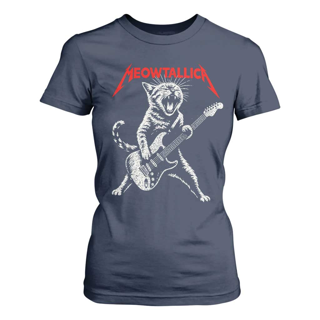 Funny Cat Playing Guitar T Shirt For Women Vintage 90s Classic Rock Star Cat Graphic Rock and Roll TS10 Navy Print Your Wear