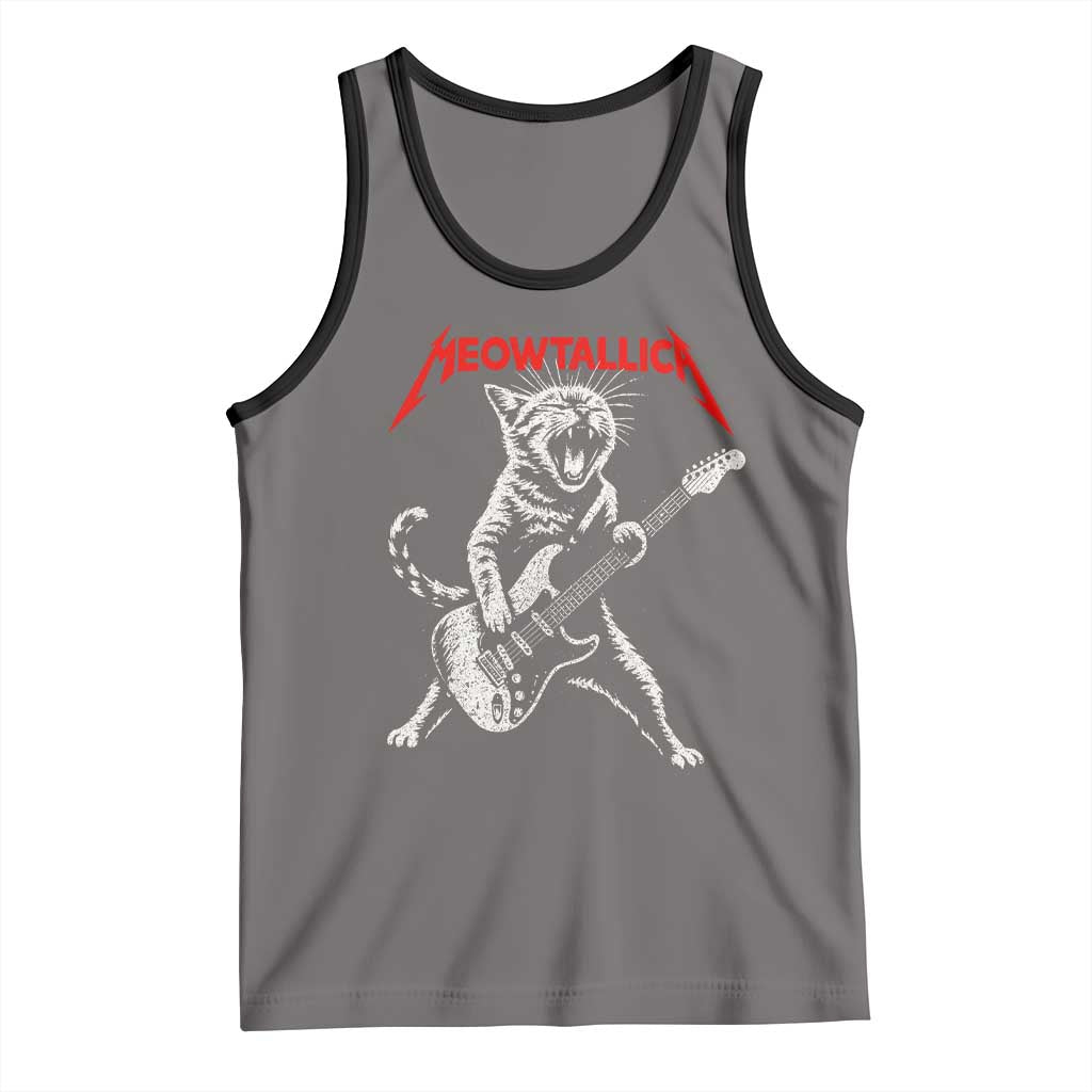 Funny Cat Playing Guitar Tank Top Vintage 90s Classic Rock Star Cat Graphic Rock and Roll TS10 Deep Heather Black Print Your Wear