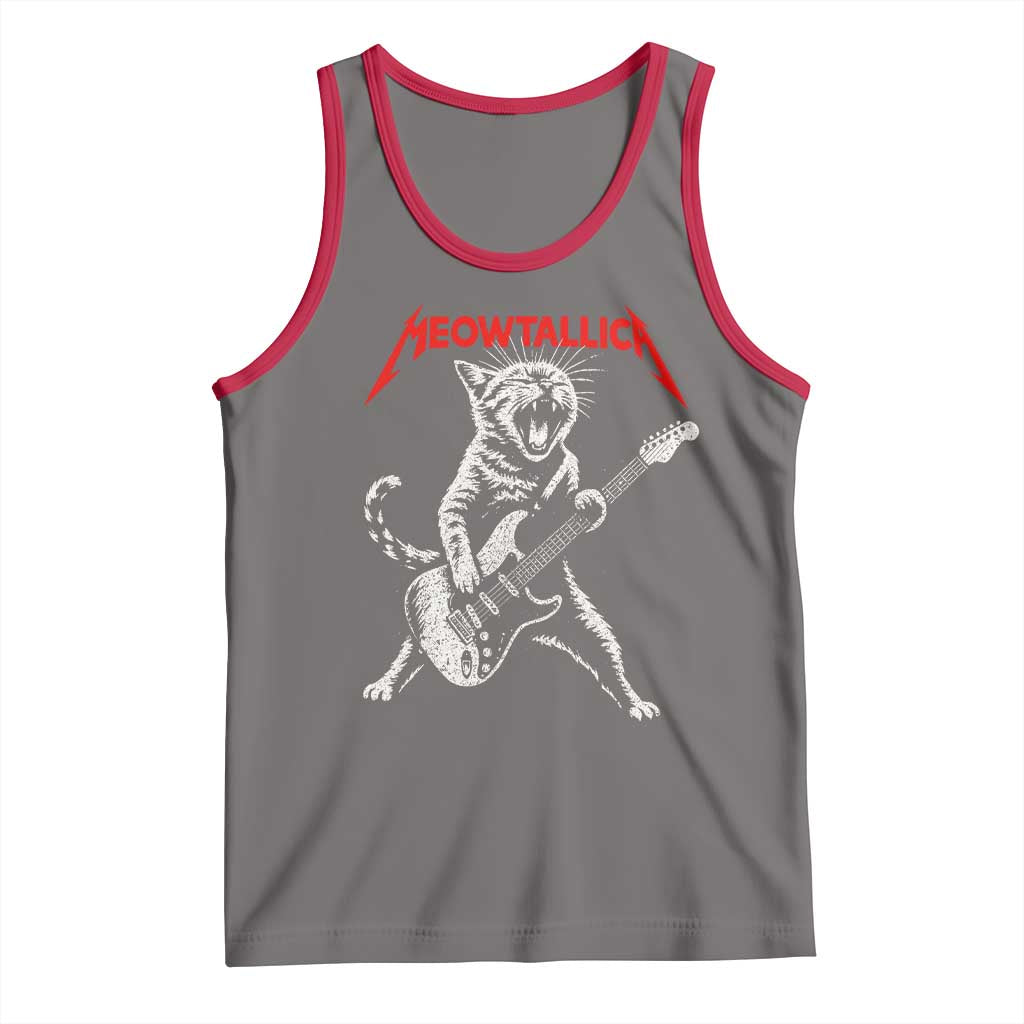 Funny Cat Playing Guitar Tank Top Vintage 90s Classic Rock Star Cat Graphic Rock and Roll TS10 Deep Heather Red Print Your Wear