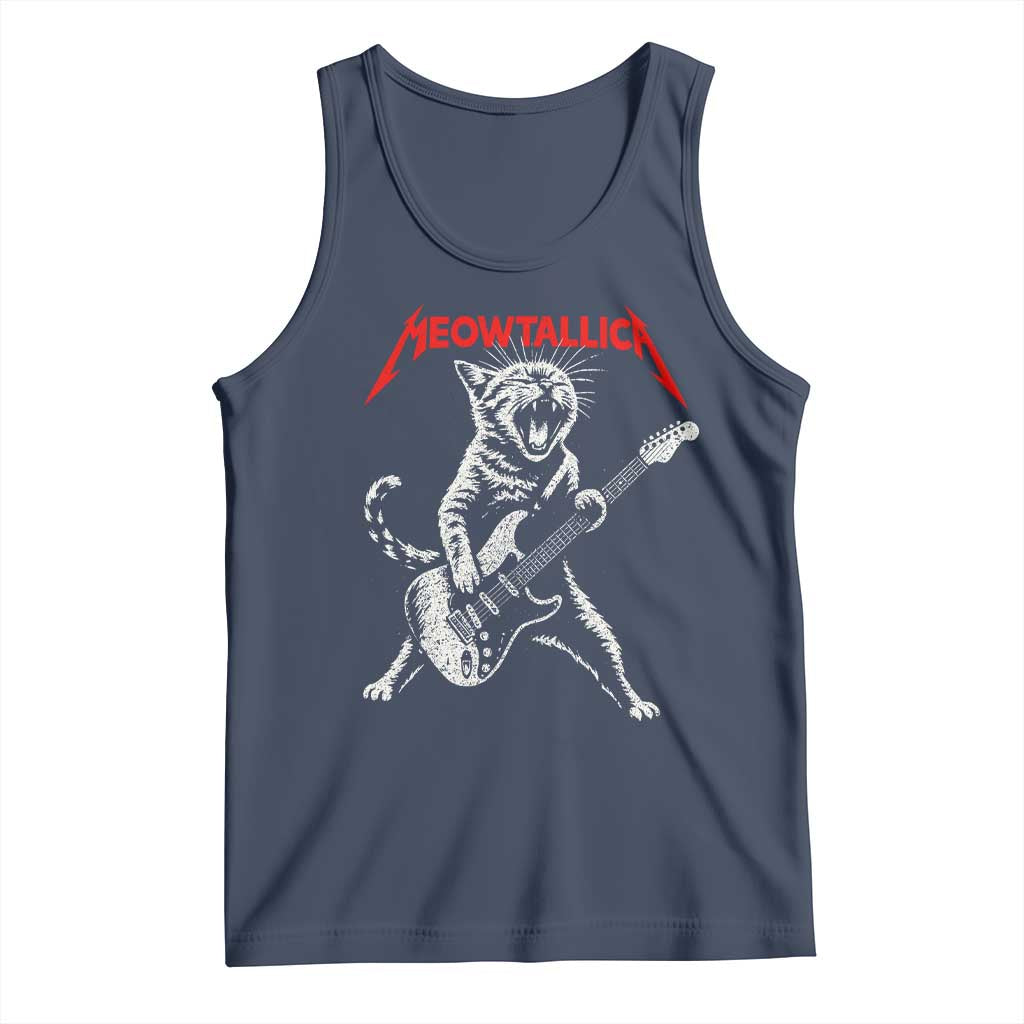 Funny Cat Playing Guitar Tank Top Vintage 90s Classic Rock Star Cat Graphic Rock and Roll TS10 Navy Print Your Wear