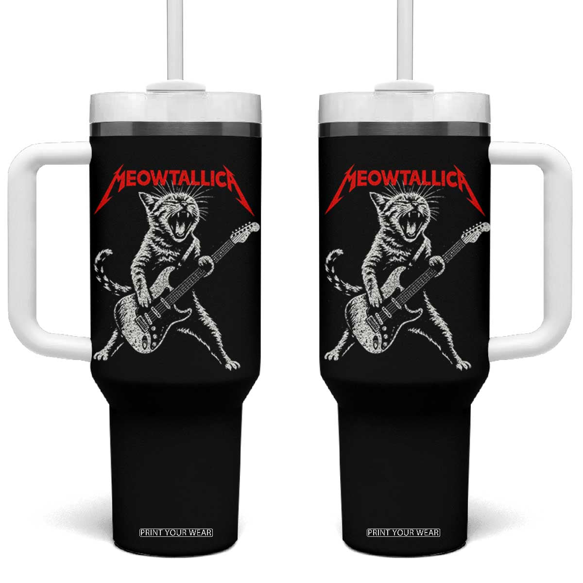Funny Cat Playing Guitar Tumbler With Handle Vintage 90s Classic Rock Star Cat Graphic Rock and Roll TS10 One Size: 40 oz Black Print Your Wear
