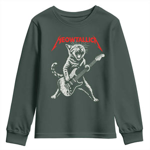 Funny Cat Playing Guitar Youth Sweatshirt Vintage 90s Classic Rock Star Cat Graphic Rock and Roll TS10 Dark Forest Green Print Your Wear