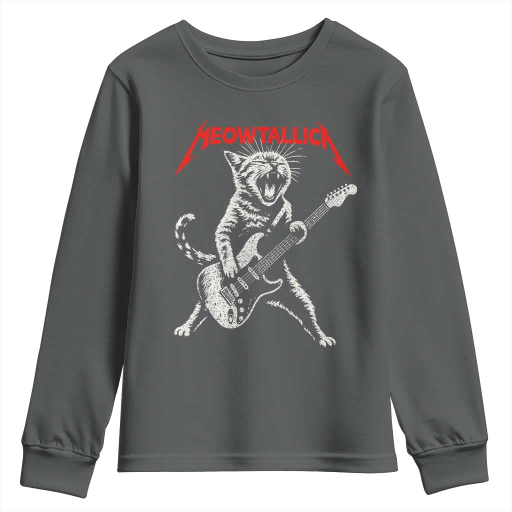 Funny Cat Playing Guitar Youth Sweatshirt Vintage 90s Classic Rock Star Cat Graphic Rock and Roll TS10 Dark Heather Print Your Wear