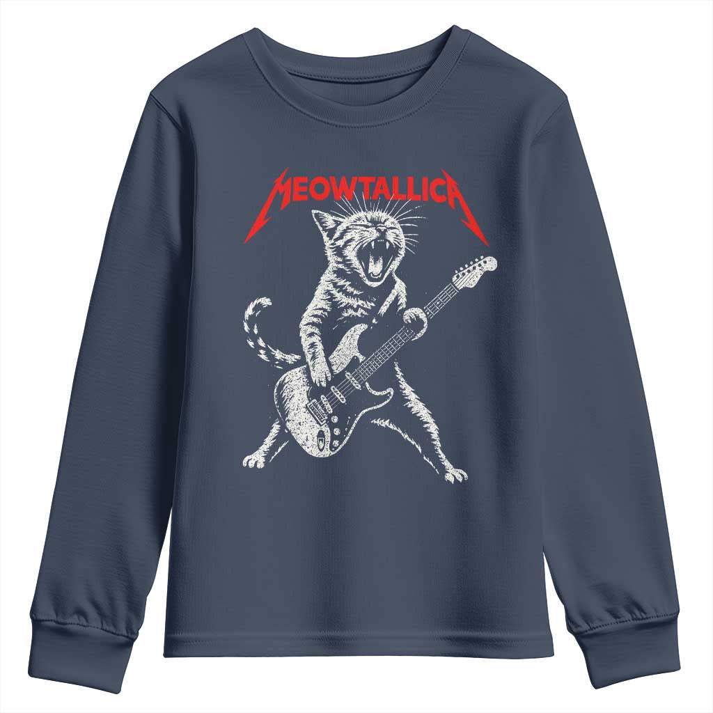 Funny Cat Playing Guitar Youth Sweatshirt Vintage 90s Classic Rock Star Cat Graphic Rock and Roll TS10 Navy Print Your Wear