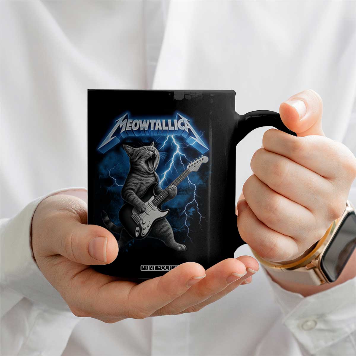 Funny Cat Playing Guitar Coffee Mug Vintage 90s Style Bootleg Graphic Rock Star Rock Cat TS10 Print Your Wear