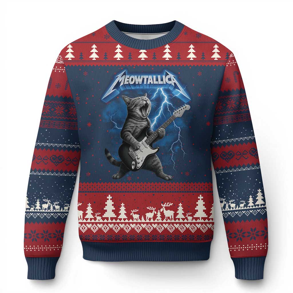 Funny Cat Playing Guitar Ugly Christmas Sweater Vintage 90s Style Bootleg Graphic Rock Star Rock Cat TS10 Navy Red Print Your Wear