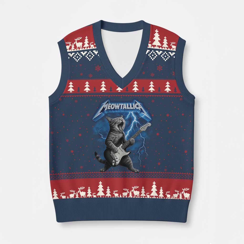 Funny Cat Playing Guitar V-Neck Knit Sweater Vest Vintage 90s Style Bootleg Graphic Rock Star Rock Cat TS10 Navy Red Print Your Wear