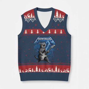 Funny Cat Playing Guitar V-Neck Knit Sweater Vest Vintage 90s Style Bootleg Graphic Rock Star Rock Cat TS10 Navy Red Print Your Wear