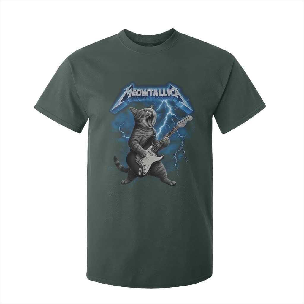 Funny Cat Playing Guitar T Shirt For Kid Vintage 90s Style Bootleg Graphic Rock Star Rock Cat TS10 Dark Forest Green Print Your Wear