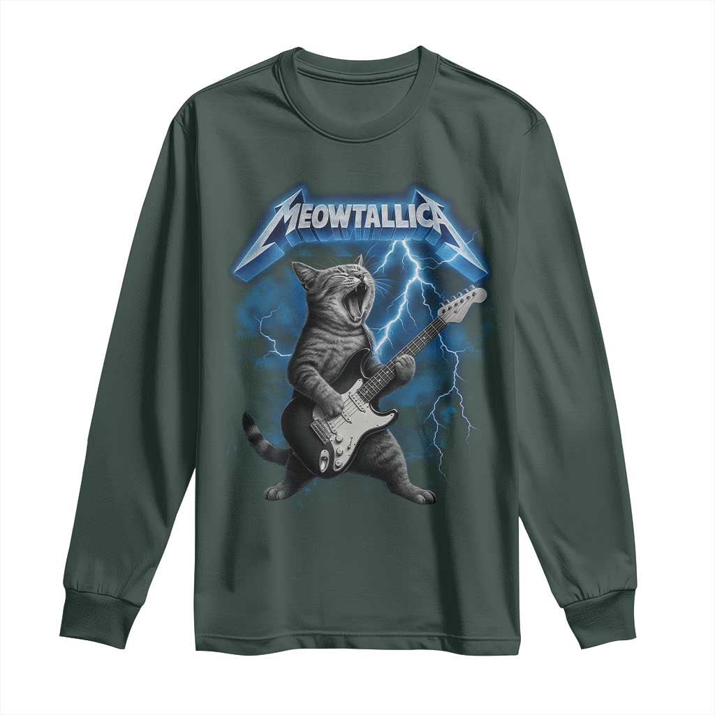 Funny Cat Playing Guitar Long Sleeve Shirt Vintage 90s Style Bootleg Graphic Rock Star Rock Cat TS10 Dark Forest Green Print Your Wear