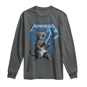 Funny Cat Playing Guitar Long Sleeve Shirt Vintage 90s Style Bootleg Graphic Rock Star Rock Cat TS10 Dark Heather Print Your Wear