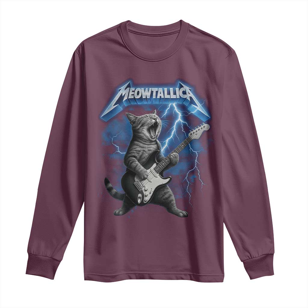 Funny Cat Playing Guitar Long Sleeve Shirt Vintage 90s Style Bootleg Graphic Rock Star Rock Cat TS10 Maroon Print Your Wear