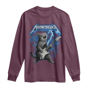 Funny Cat Playing Guitar Long Sleeve Shirt Vintage 90s Style Bootleg Graphic Rock Star Rock Cat TS10 Maroon Print Your Wear