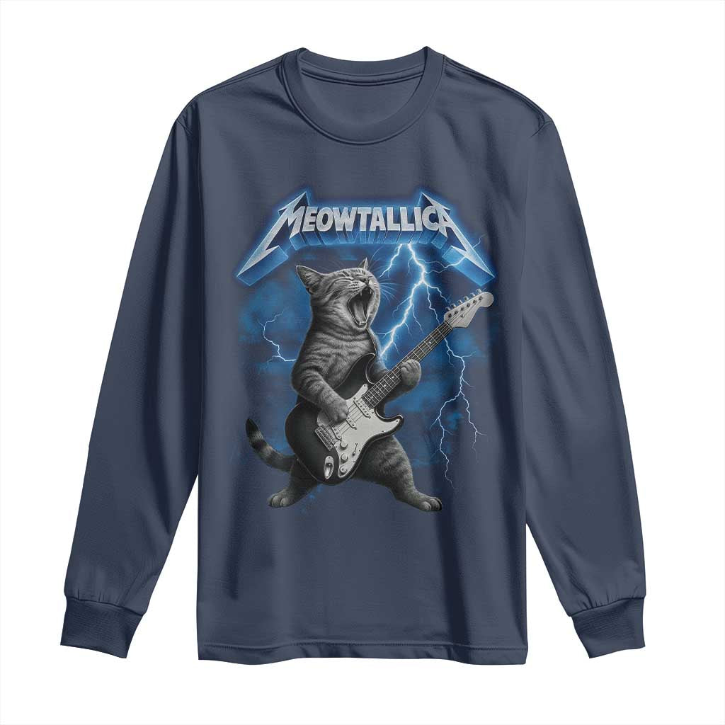 Funny Cat Playing Guitar Long Sleeve Shirt Vintage 90s Style Bootleg Graphic Rock Star Rock Cat TS10 Navy Print Your Wear
