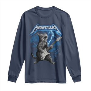 Funny Cat Playing Guitar Long Sleeve Shirt Vintage 90s Style Bootleg Graphic Rock Star Rock Cat TS10 Navy Print Your Wear