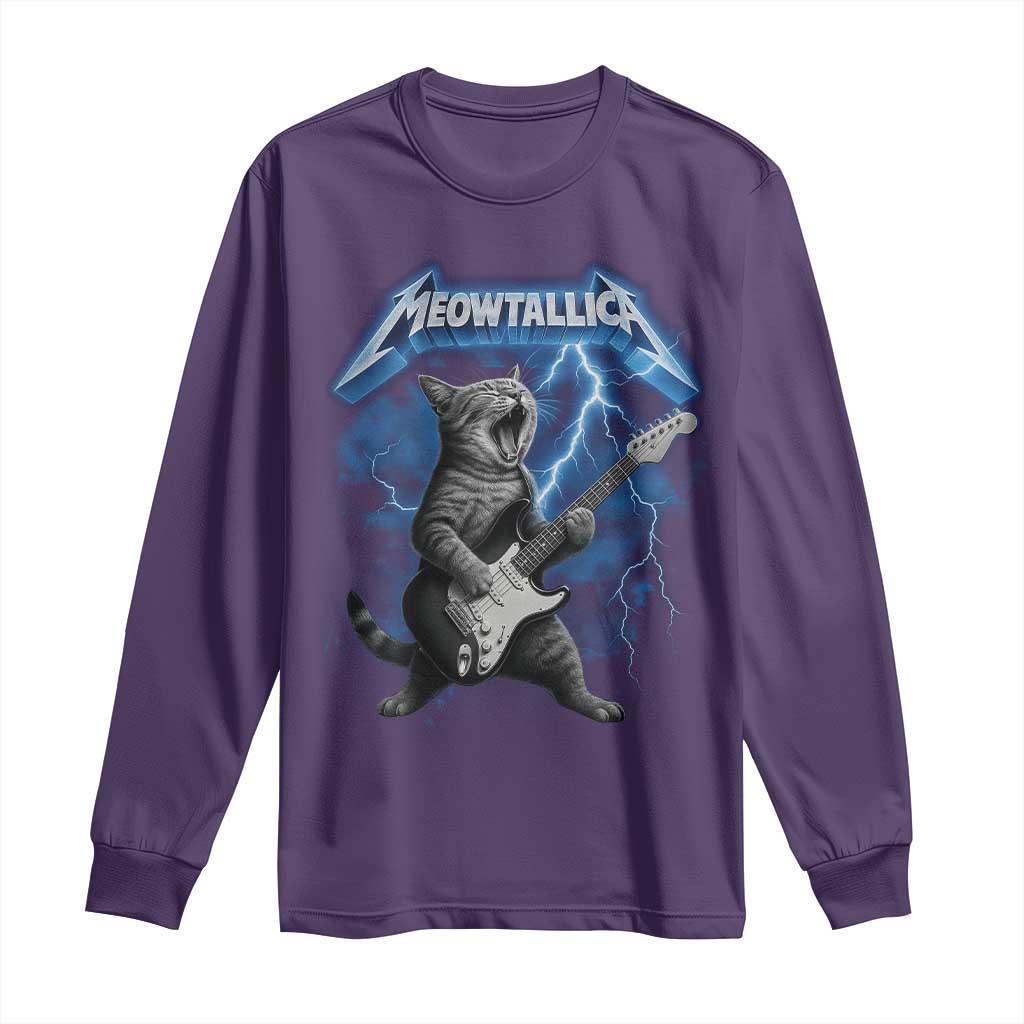 Funny Cat Playing Guitar Long Sleeve Shirt Vintage 90s Style Bootleg Graphic Rock Star Rock Cat TS10 Purple Print Your Wear