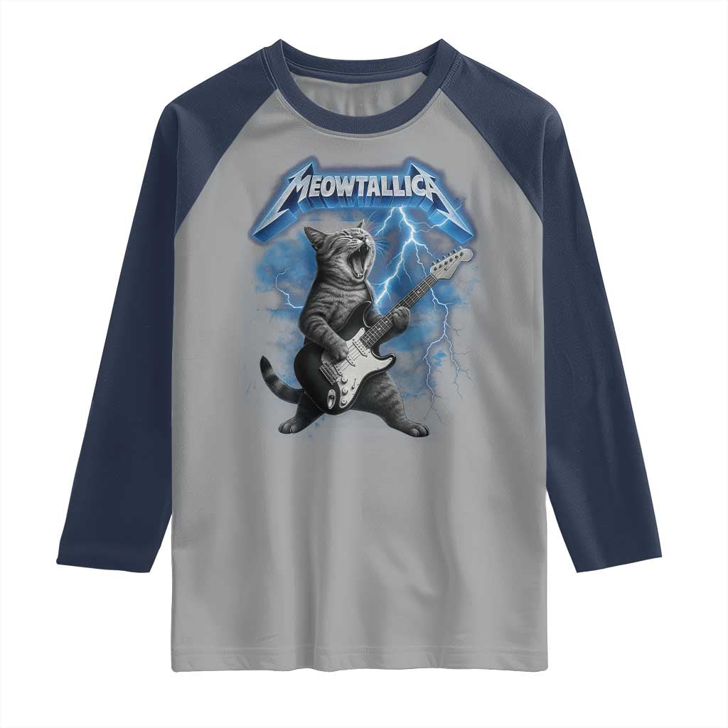 Funny Cat Playing Guitar Raglan Shirt Vintage 90s Style Bootleg Graphic Rock Star Rock Cat TS10 Sport Gray Navy Print Your Wear