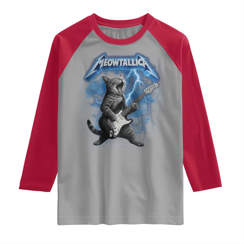 Funny Cat Playing Guitar Raglan Shirt Vintage 90s Style Bootleg Graphic Rock Star Rock Cat TS10 Sport Gray Red Print Your Wear