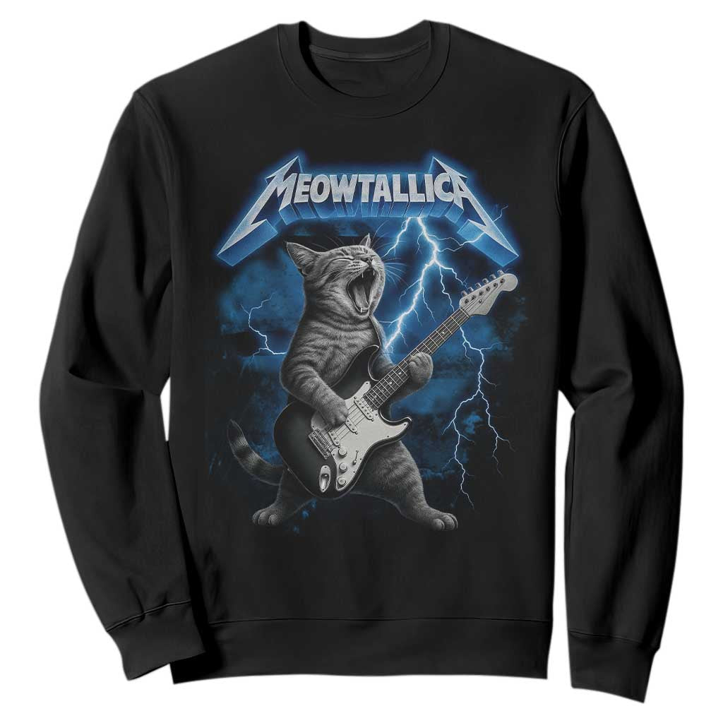 Funny Cat Playing Guitar Sweatshirt Vintage 90s Style Bootleg Graphic Rock Star Rock Cat TS10 Black Print Your Wear