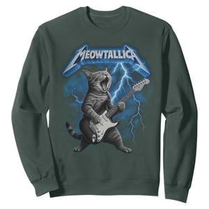 Funny Cat Playing Guitar Sweatshirt Vintage 90s Style Bootleg Graphic Rock Star Rock Cat TS10 Dark Forest Green Print Your Wear