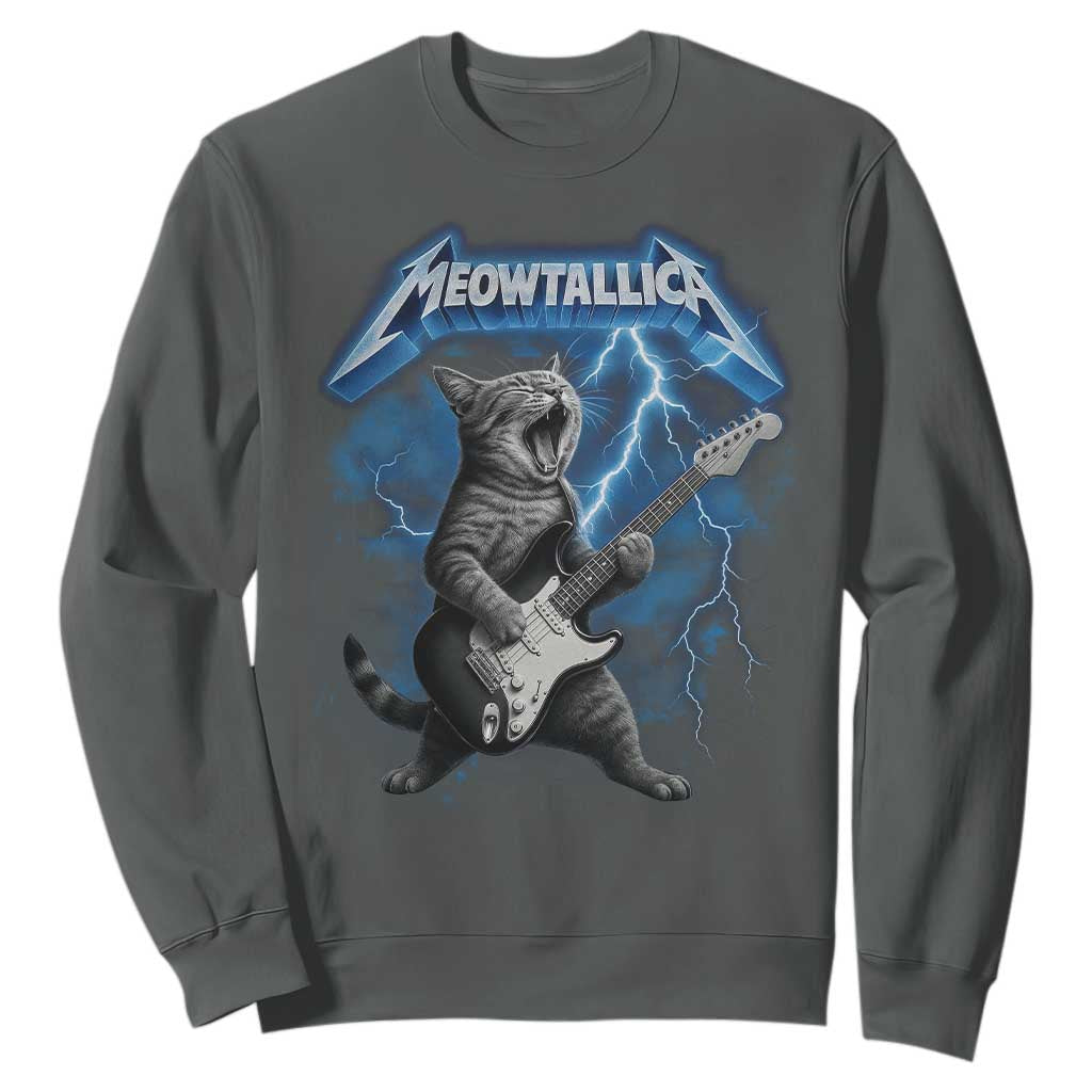 Funny Cat Playing Guitar Sweatshirt Vintage 90s Style Bootleg Graphic Rock Star Rock Cat TS10 Dark Heather Print Your Wear
