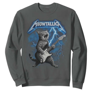 Funny Cat Playing Guitar Sweatshirt Vintage 90s Style Bootleg Graphic Rock Star Rock Cat TS10 Dark Heather Print Your Wear