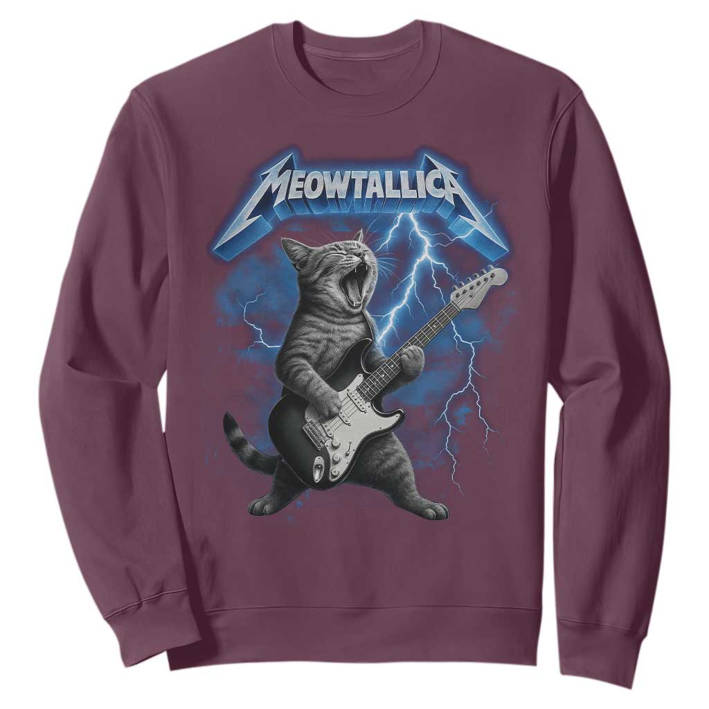 Funny Cat Playing Guitar Sweatshirt Vintage 90s Style Bootleg Graphic Rock Star Rock Cat TS10 Maroon Print Your Wear