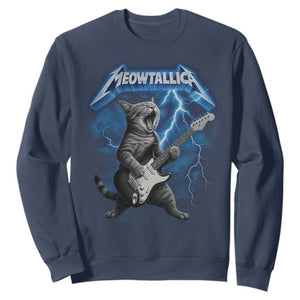 Funny Cat Playing Guitar Sweatshirt Vintage 90s Style Bootleg Graphic Rock Star Rock Cat TS10 Navy Print Your Wear