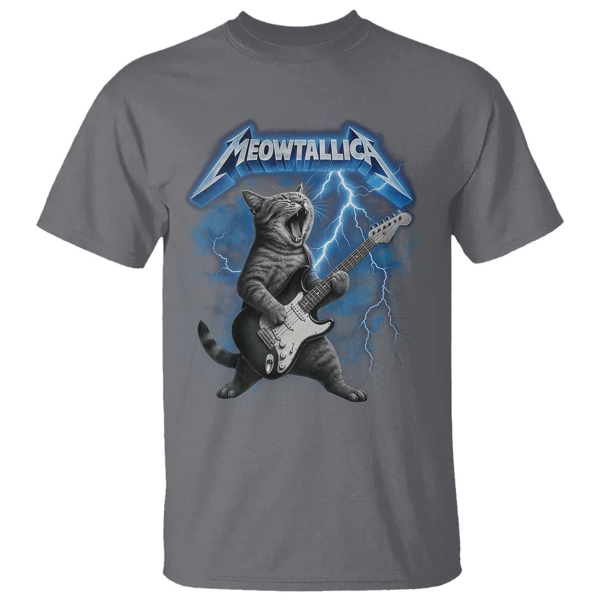 Funny Cat Playing Guitar T Shirt Vintage 90s Style Bootleg Graphic Rock Star Rock Cat TS10 Charcoal Print Your Wear