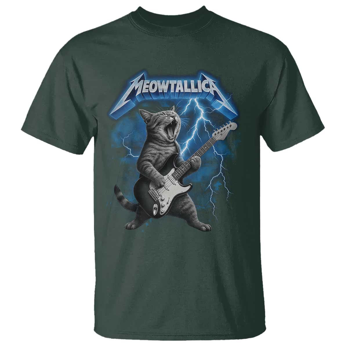 Funny Cat Playing Guitar T Shirt Vintage 90s Style Bootleg Graphic Rock Star Rock Cat TS10 Dark Forest Green Print Your Wear