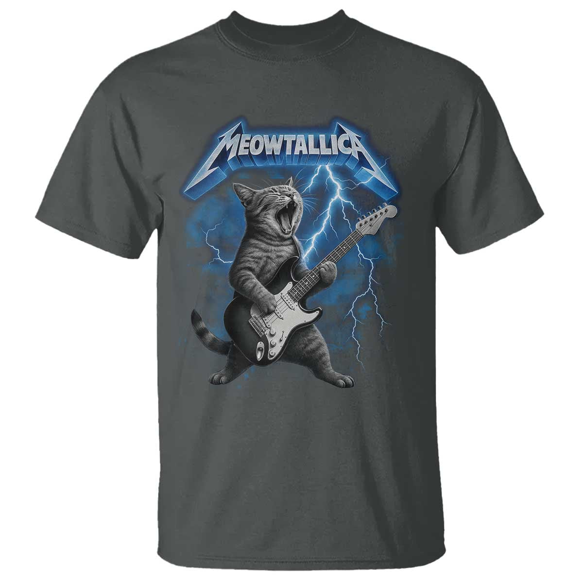 Funny Cat Playing Guitar T Shirt Vintage 90s Style Bootleg Graphic Rock Star Rock Cat TS10 Dark Heather Print Your Wear