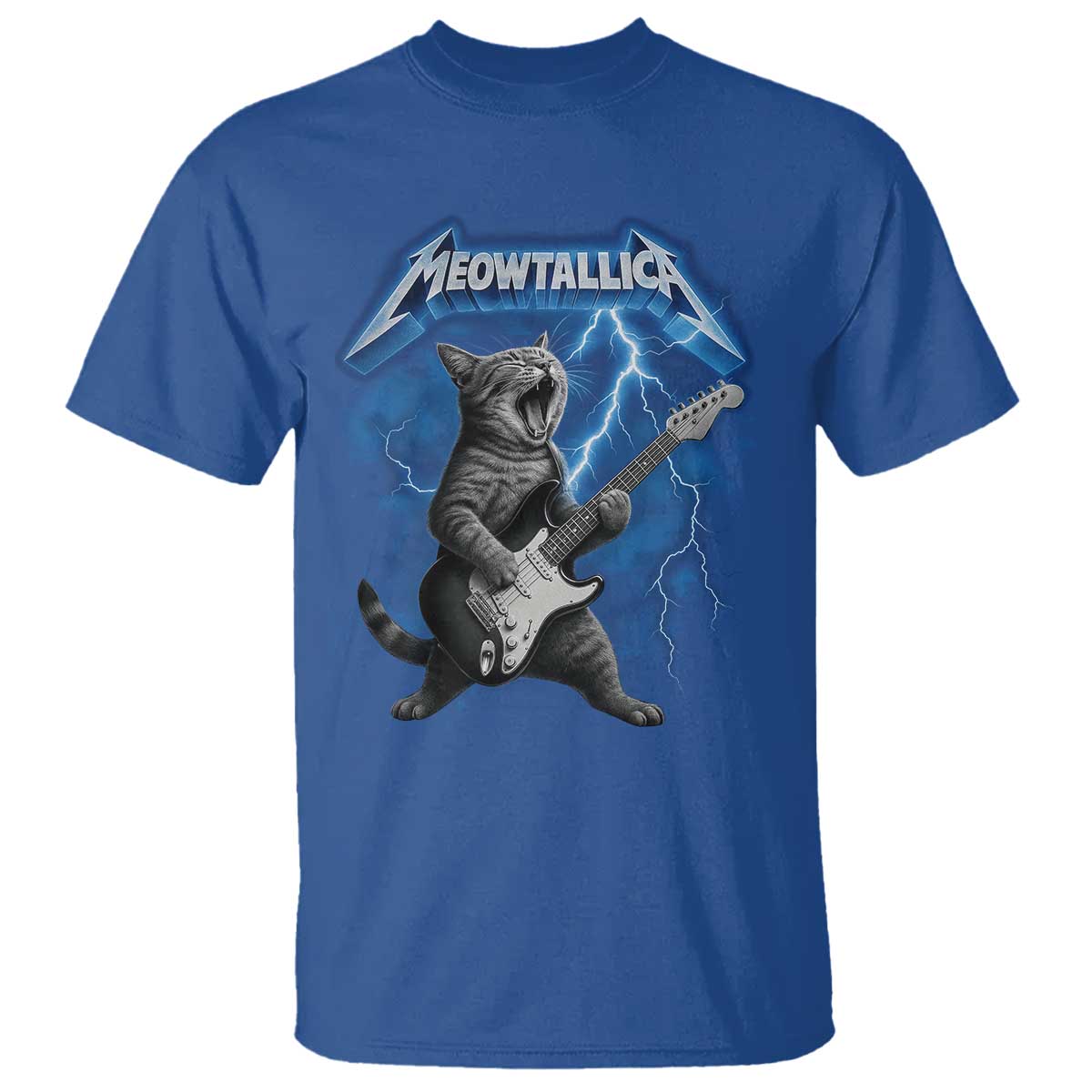 Funny Cat Playing Guitar T Shirt Vintage 90s Style Bootleg Graphic Rock Star Rock Cat TS10 Royal Blue Print Your Wear