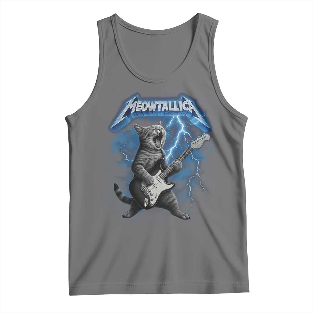 Funny Cat Playing Guitar Tank Top Vintage 90s Style Bootleg Graphic Rock Star Rock Cat TS10 Black Heather Print Your Wear