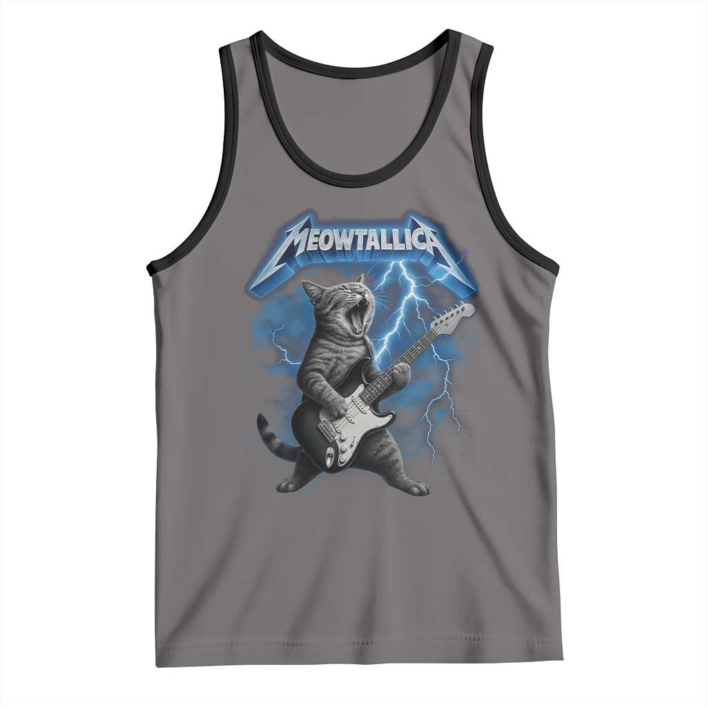Funny Cat Playing Guitar Tank Top Vintage 90s Style Bootleg Graphic Rock Star Rock Cat TS10 Deep Heather Black Print Your Wear