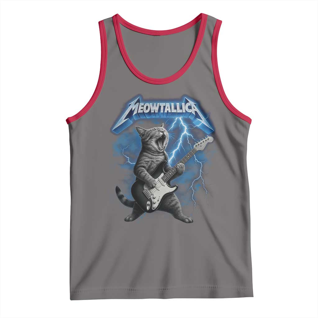 Funny Cat Playing Guitar Tank Top Vintage 90s Style Bootleg Graphic Rock Star Rock Cat TS10 Deep Heather Red Print Your Wear