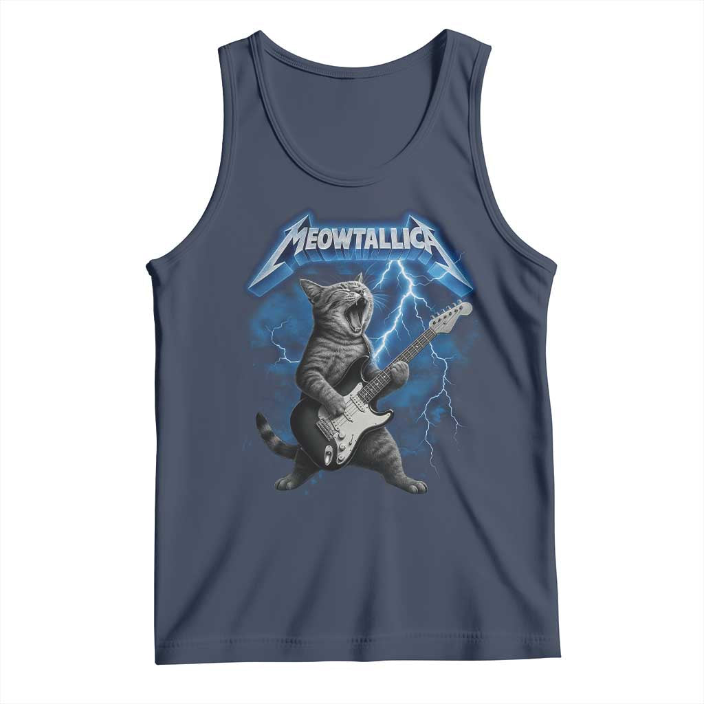 Funny Cat Playing Guitar Tank Top Vintage 90s Style Bootleg Graphic Rock Star Rock Cat TS10 Navy Print Your Wear
