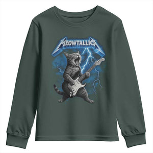 Funny Cat Playing Guitar Youth Sweatshirt Vintage 90s Style Bootleg Graphic Rock Star Rock Cat TS10 Dark Forest Green Print Your Wear