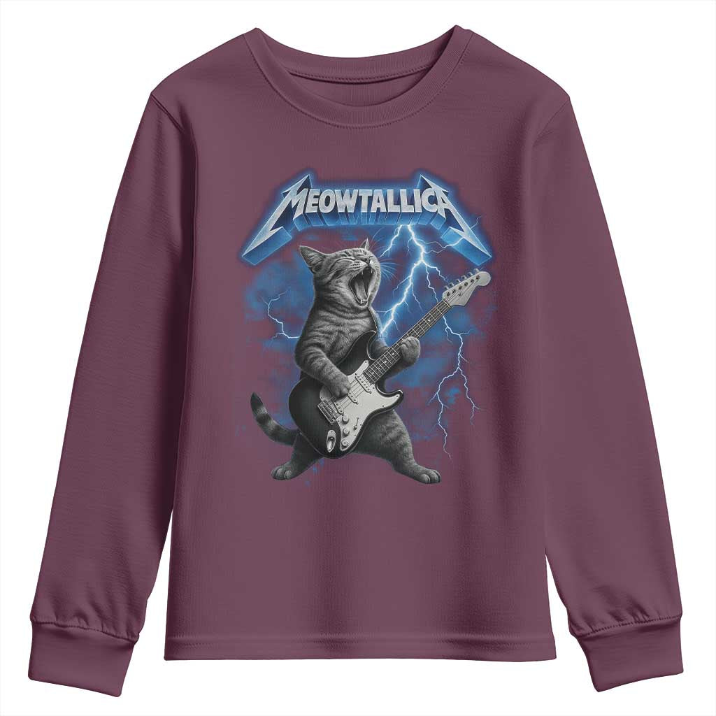 Funny Cat Playing Guitar Youth Sweatshirt Vintage 90s Style Bootleg Graphic Rock Star Rock Cat TS10 Maroon Print Your Wear