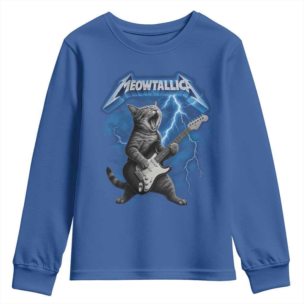 Funny Cat Playing Guitar Youth Sweatshirt Vintage 90s Style Bootleg Graphic Rock Star Rock Cat TS10 Royal Blue Print Your Wear