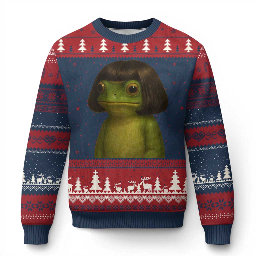 Funny Frog Bob Haircut Meme Ugly Christmas Sweater Silly Toad Trends TS10 Navy Red Print Your Wear