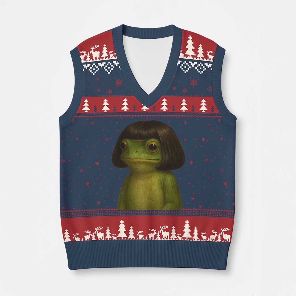 Funny Frog Bob Haircut Meme V-Neck Knit Sweater Vest Silly Toad Trends TS10 Navy Red Print Your Wear