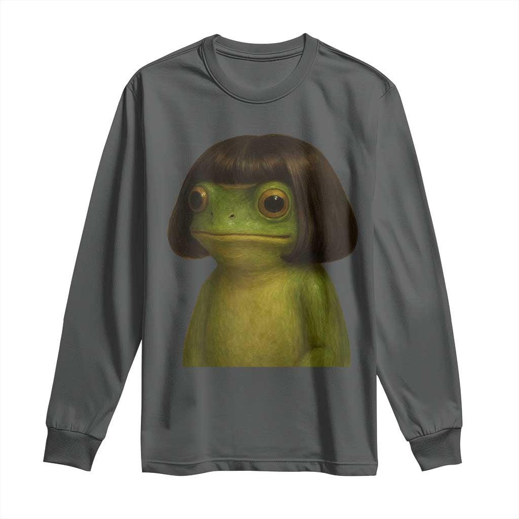 Funny Frog Bob Haircut Meme Long Sleeve Shirt Silly Toad Trends TS10 Dark Heather Print Your Wear