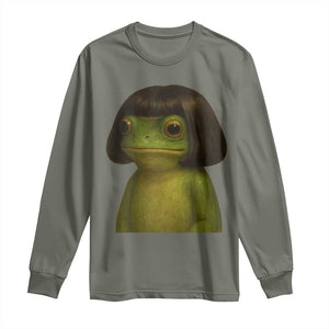 Funny Frog Bob Haircut Meme Long Sleeve Shirt Silly Toad Trends TS10 Military Green Print Your Wear