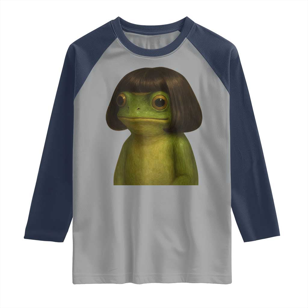 Funny Frog Bob Haircut Meme Raglan Shirt Silly Toad Trends TS10 Sport Gray Navy Print Your Wear