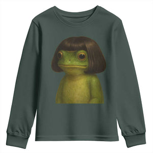 Funny Frog Bob Haircut Meme Youth Sweatshirt Silly Toad Trends TS10 Dark Forest Green Print Your Wear