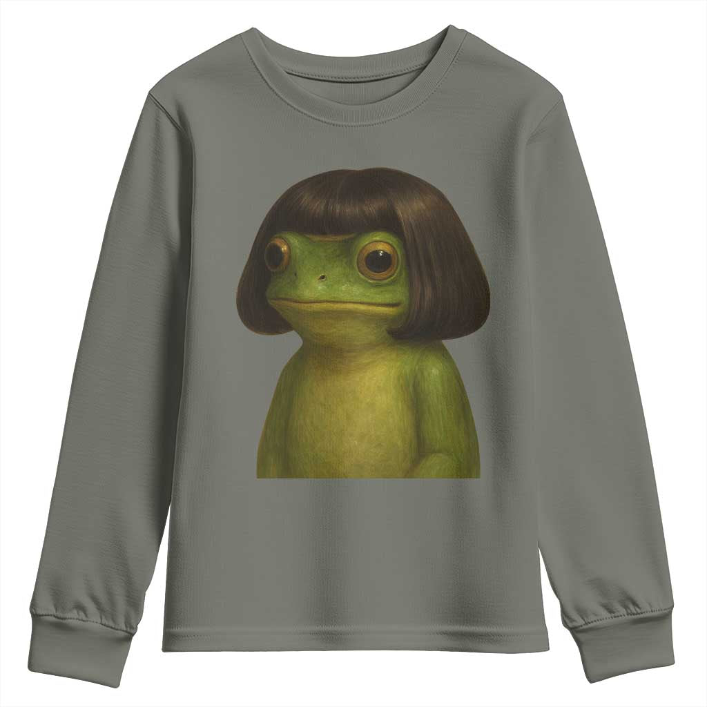 Funny Frog Bob Haircut Meme Youth Sweatshirt Silly Toad Trends TS10 Military Green Print Your Wear