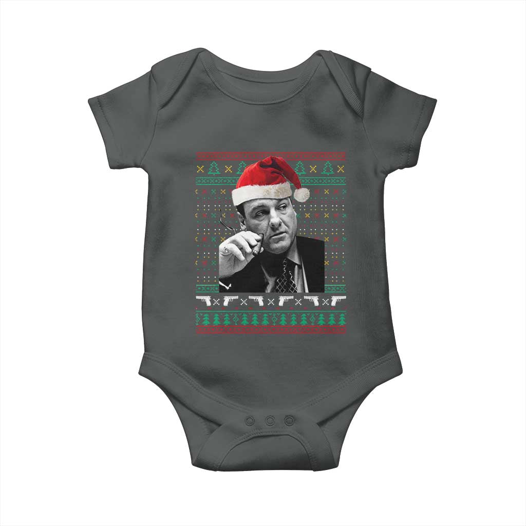 Funny Ugly Christmas Baby Onesie Funny Mafia Gangster Santa Sopranos Smoking TS10 Dark Heather Print Your Wear
