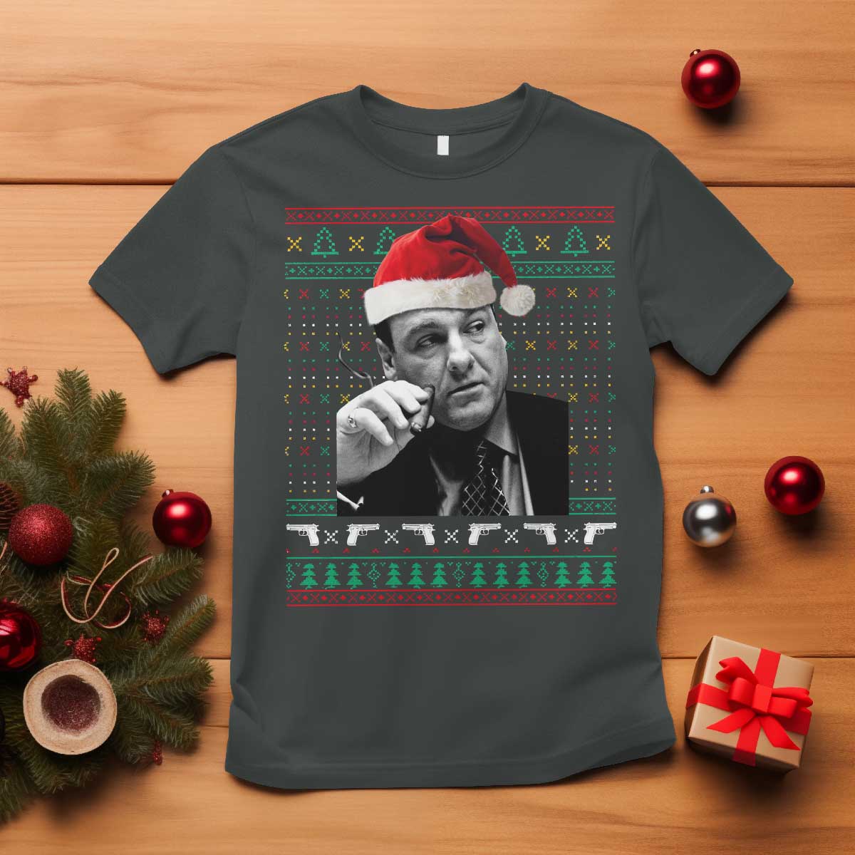 Funny Ugly Christmas T Shirt Funny Mafia Gangster Santa Sopranos Smoking TS10 Dark Heather Print Your Wear