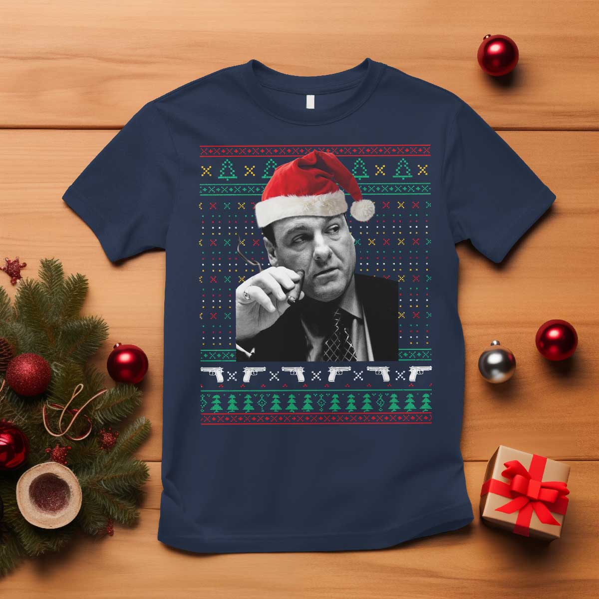 Funny Ugly Christmas T Shirt Funny Mafia Gangster Santa Sopranos Smoking TS10 Navy Print Your Wear